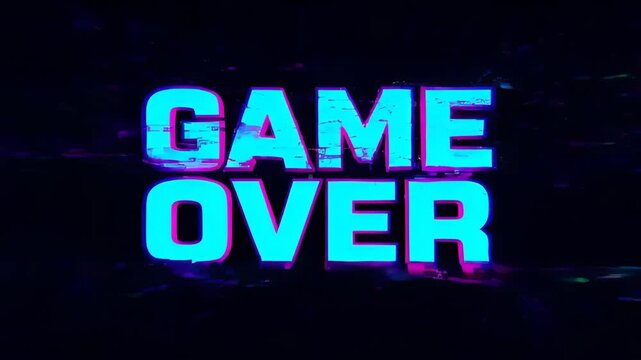 Game over glitch with distortion over dark screen and progress in retro game style, neon text for arcade ending and digital error mood over dark digital screen