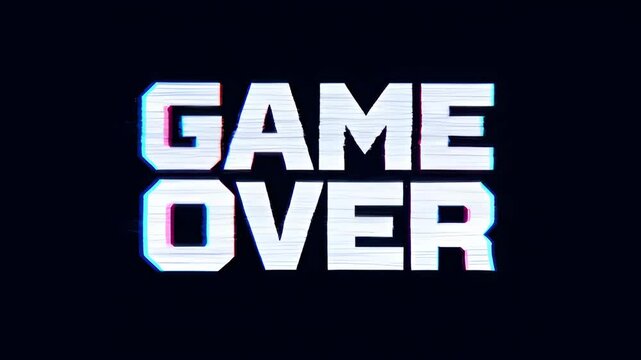 Game over glitch distortion progress over game screen dark background retro arcade text effect with pause and defeat mood, dark retro arcade screen text glitch distortion progress overlay for SEO