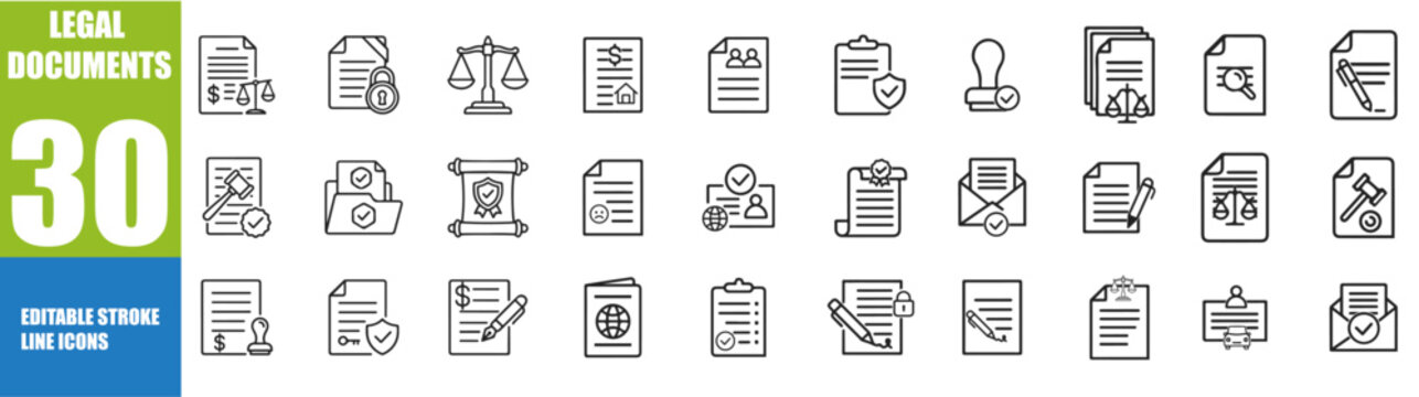 Legal documents icon set. Editable line icons. Vector illustration.