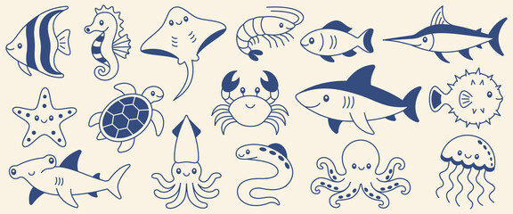 Mediterranean style navy blue sea animals illustration set on cream background, marine life icon collection with shark, turtle, crab, octopus, jellyfish, fish, seahorse and stingray © Mirikiteki