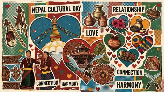 Nepal cultural day collage with traditional symbols and heart shapes
