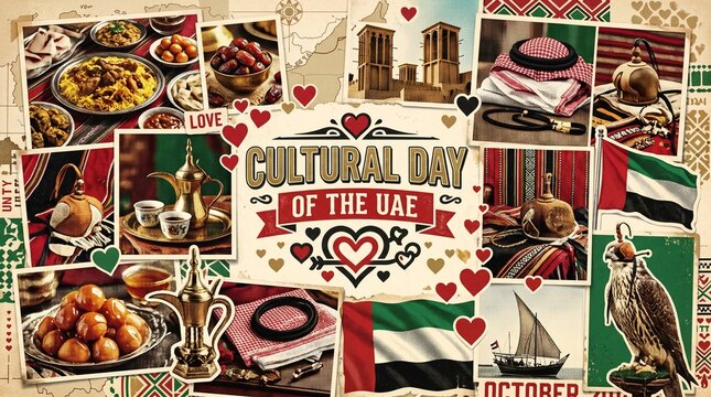 Cultural day of the uae collage featuring traditional food, landmarks, and symbols