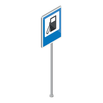 An isometric road sign icon for a gas station, indicating the presence of a gas station nearby on a city street.