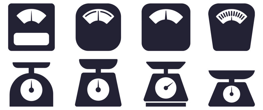 Weight scale icon set, simple kitchen vector illustrations in black flat silhouette style representing food weighing tools, kilograms measurement and precision cooking 