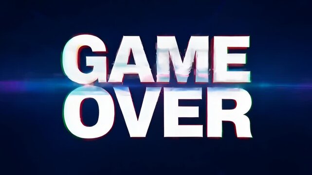 Game over glitch distortion progress over dark blue background with bold white text and blue neon light streak, retro digital effect, dramatic arcade ending screen