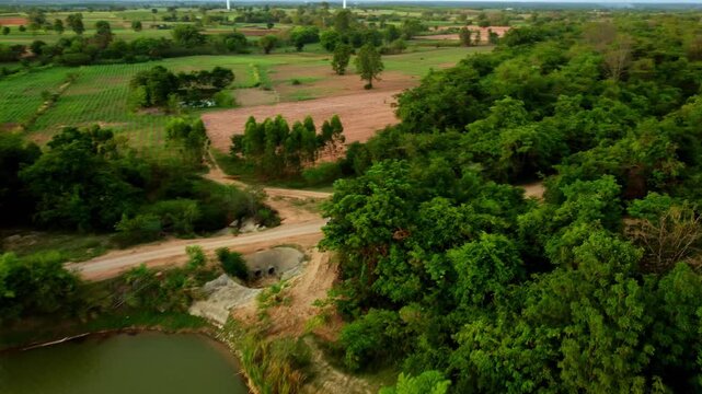 Sunset Aerial View at Chang Tok Tai Reservoir, Thepharak, Korat Thailand