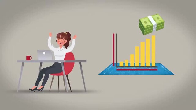 Happy Businesswoman Cheering for Financial Growth Chart and Profits Raising Up Animation