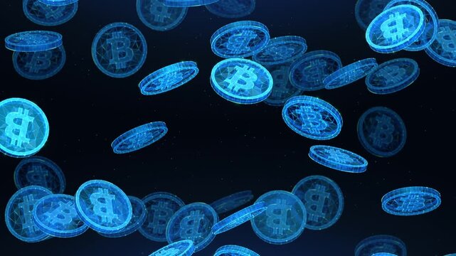 Cryptocurrency Bitcoin Coins on a Blue Background &ndash; Animation Loop. Digital currency trading concept for blockchain technology, financial markets, crypto exchange platforms and fintech innovation.