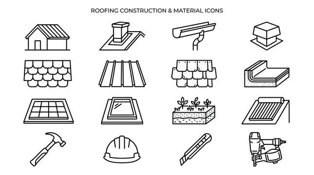 Roofing construction and material icons for building and renovation projects