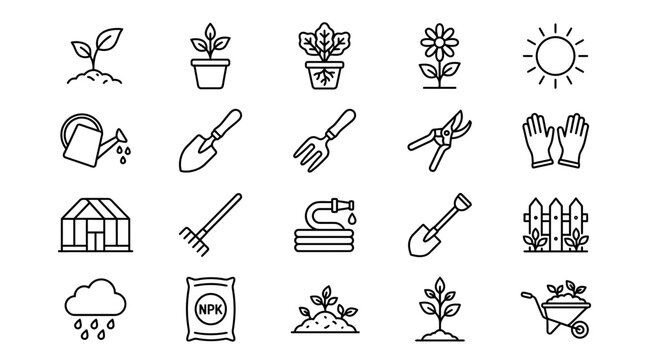 Gardening tools and plant growth icons set linear style vector illustration