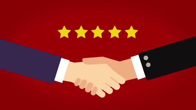 Corporate Handshake Agreement over Red Background with Five Gold Stars for High Quality Service Animation