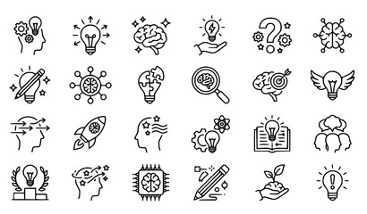 Obraz premium Brainstorm icon vector set with creativity thinking and innovation symbols isolated
