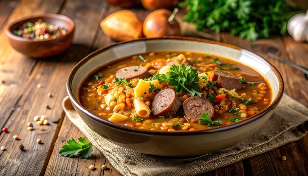 A rustic bowl of hearty lentil soup with sausage and vegetables sits on a wooden table, garnished with fresh parsley and surrounded by complementary ingredients.