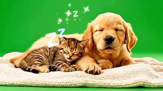 Cute sleeping animals animation. Fluffy puppy and tiny kitten napping together on cozy blanket, chroma key green screen background.