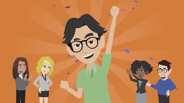 Cheerful Employee Celebrating Win with Coworkers Applauding and Cheering in Background Animation