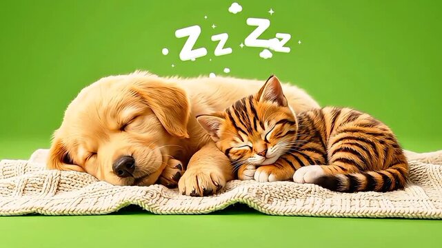 Cute sleeping animals animation. Fluffy puppy and tiny kitten napping together on cozy blanket, chroma key green screen background.