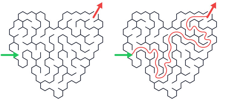 Heart-shaped easy maze with solved path and starting and finished points indicated  