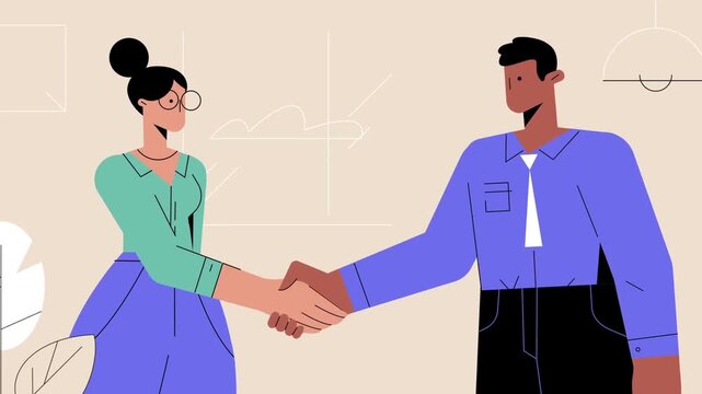 Business Partners Man and Woman Shaking Hands and Making a Deal in Corporate Meeting Animation