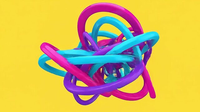 bright yellow background with interlocking 3D rings in magenta, cyan, and purple twisting continuously Videos