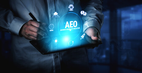 Naklejka premium Hands Holding Tablet with Virtual Buttons for AEO in Digital Marketing with Data Visualization and Technology Elements Fluxor.