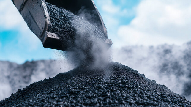 Excavator bucket loading hot asphalt aggregate with steam