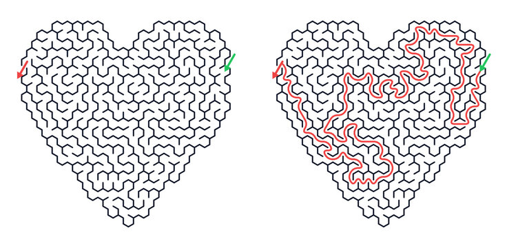 Heart-shaped medium maze with solved path and starting and finished points indicated  