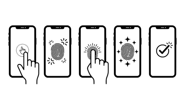 Phone icon set with touch gestures and check mark, simple hand interaction UI symbols for mobile app interfaces