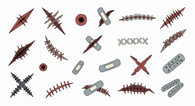 A collection of stitched wounds and medical patches for visual design