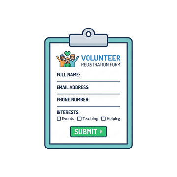 Volunteer registration form on clipboard with input fields and submit button illustration.
