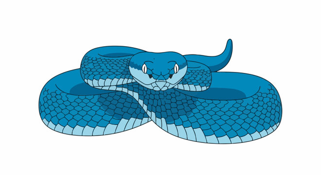 A cartoon blue serpent coils, its scales detailed in shades of teal and navy