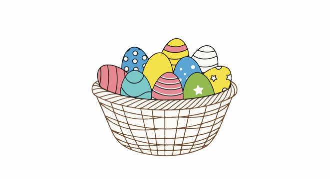 A wicker basket overflowing with vibrantly decorated Easter eggs, each uniquely patterned