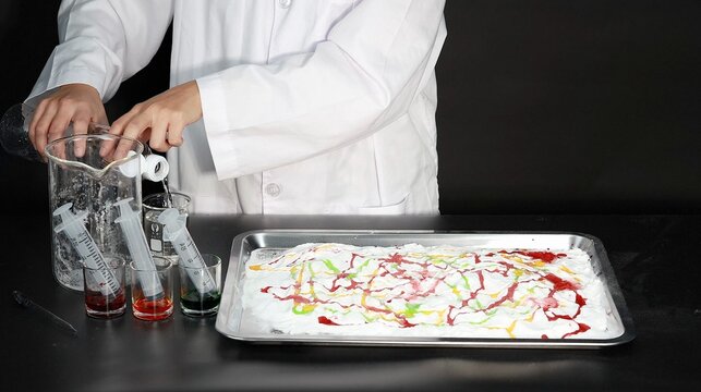 Scientist in Lab Coat Pouring Liquid for Colorful Baking Soda Experiment