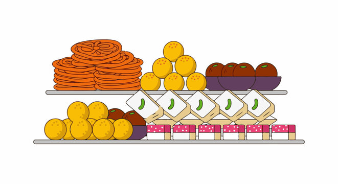 Assortment of colorful Indian sweets displayed on shelves, including jalebi, laddu, and barfi