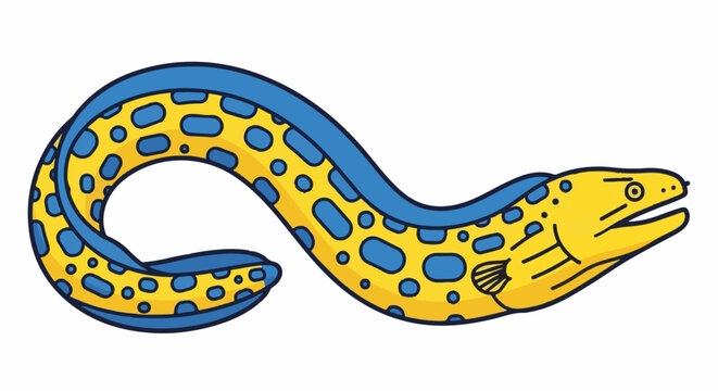 Cartoon eel with yellow body and blue spots, blue fins