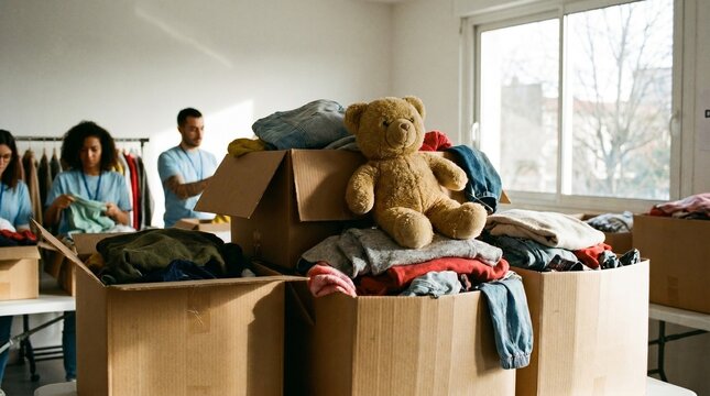  Caixas de papel&atilde;o com roupas e brinquedos para doa&ccedil;&atilde;o, volunt&aacute;rios organizando itens para caridade e solidariedade ao fundo