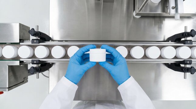 Controle de qualidade na ind&uacute;stria de cosm&eacute;ticos, m&atilde;os com luvas inspecionando embalagem de creme na linha de produ&ccedil;&atilde;o em esteira