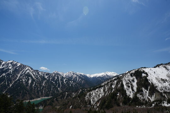 Panoramic view of snowy Japanese Alps and emerald Kurobe Lake.