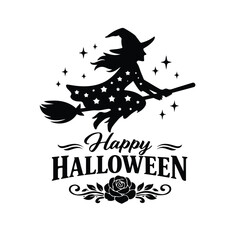 Fototapeta premium Happy halloween witch flying on broomstick with stars and rose vector art