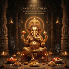 Obraz premium Golden Lord Ganesha seated majestically on a stone platform within ancient temple pillars, holding a lotus and a pot, surrounded by diyas and offerings of flowers and sweets