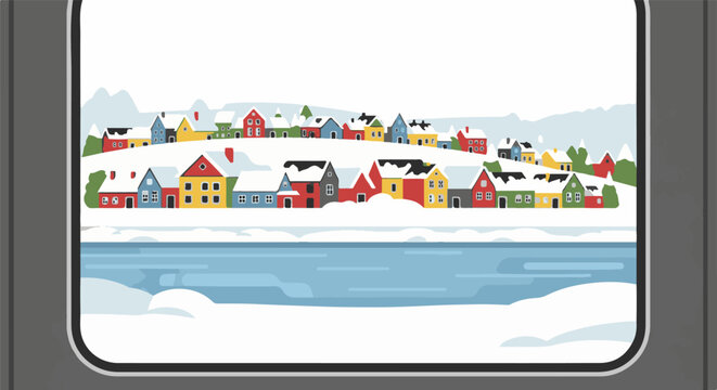 Colorful houses nestled on a snowy hillside overlooking a frozen blue body of water