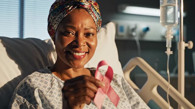 Smiling woman in hospital bed holding pink cancer awareness ribbon