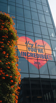 Glass building facade with a large heart decal saying "Hey Love! YOU'RE INCREDIBLE!! 2026", adjacent to vibrant orange flowers, symbolizing a bold, inspiring message on modern architecture.