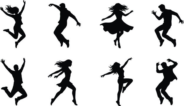Dynamic Dancing People Silhouettes Collection Featuring Men and Women Jumping Performing Energetic Dance Moves in Vector Illustration Style