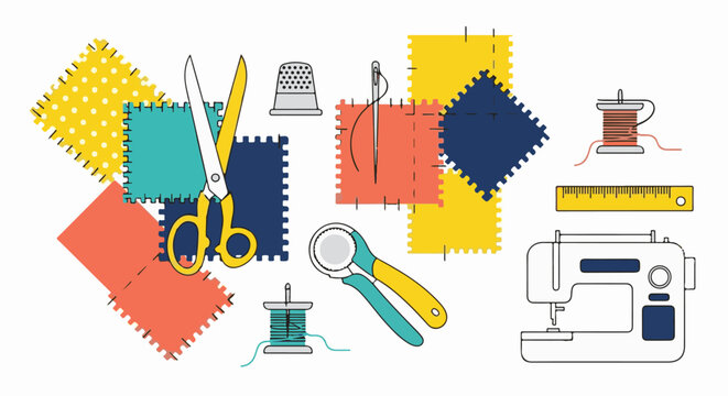 Colorful fabric squares, sewing machine, scissors, and tools for crafts