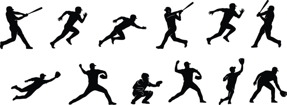 Baseball and Softball Player Silhouettes Collection Featuring Batting Running Catching and Throwing Actions in Dynamic Sports Vector Style