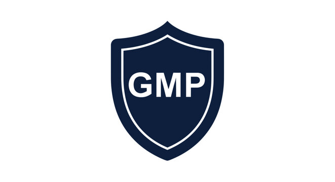 GMP logo shield, good manufacturing practice concept, quality assurance, certification