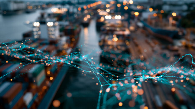 Aerial drone view of a busy commercial ship port with a digital smart logistics route overlay, satellite data layers and shipment tracking lines visible as a concept for intelligent freight