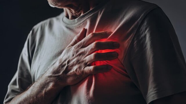 Heart attack chest pain, senior man touching his torso with glowing red sore, stroke warning