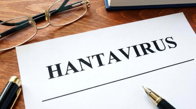 Hantavirus document surface, wooden desk background, optical spectacles, fountain writing instrument, medical reference book, concerning viral pathogen, global health issue.