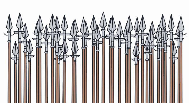 Row of many sharp metal spearheads on wooden shafts